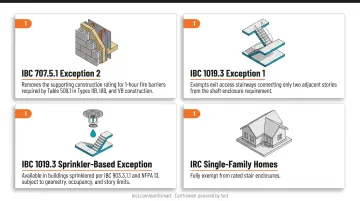 Four IBC code exceptions that eliminate stair fire-rating requirements with conditions