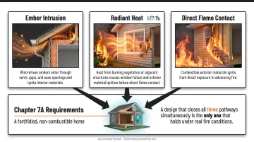 Three WUI home ignition pathways ember intrusion radiant heat direct flame contact