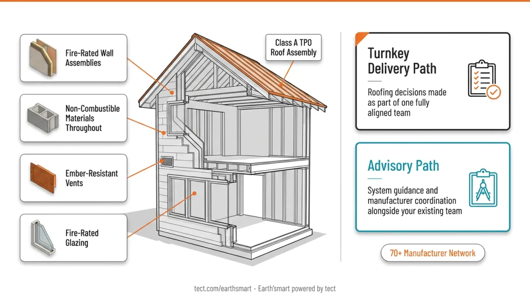 WUI home resilient building envelope components including fire-rated roof walls and vents