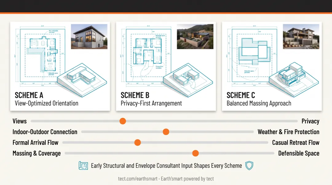 Four schematic design tradeoff comparisons for luxury home site planning