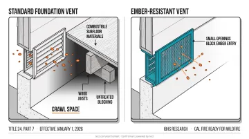 WUI crawl space ember intrusion pathway diagram showing underfloor wildfire risk