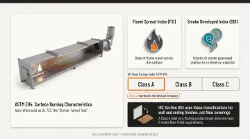 ASTM E84 IBC fire rating classes A B C flame spread smoke index comparison