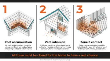 Three ember ignition pathways threatening WUI homes roof vents and Zone 0