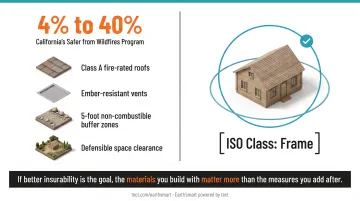 Wildfire mitigation measures versus ISO construction class reclassification comparison infographic