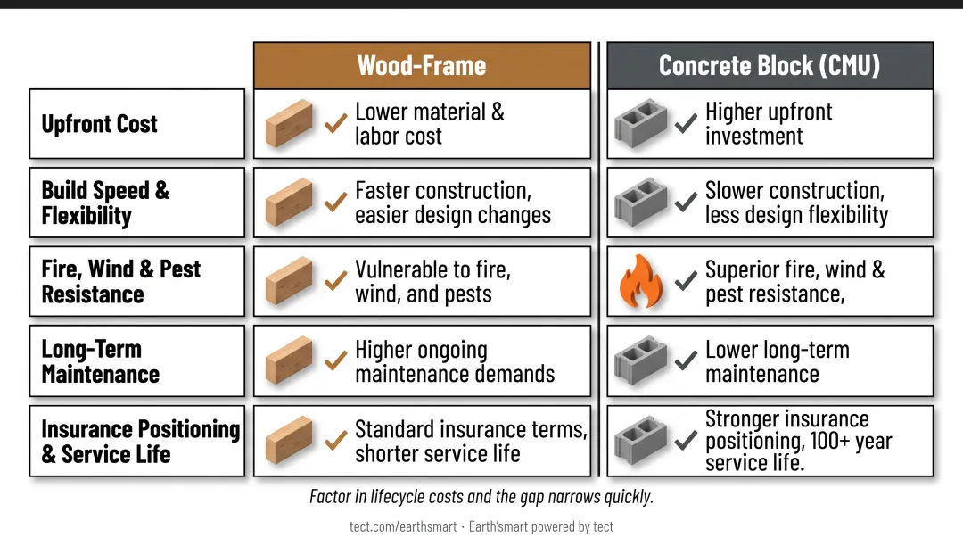 Concrete block CMU versus wood frame home side-by-side attribute comparison chart