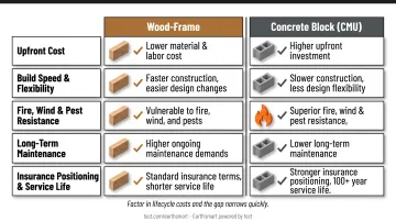 Concrete block CMU versus wood frame home side-by-side attribute comparison chart
