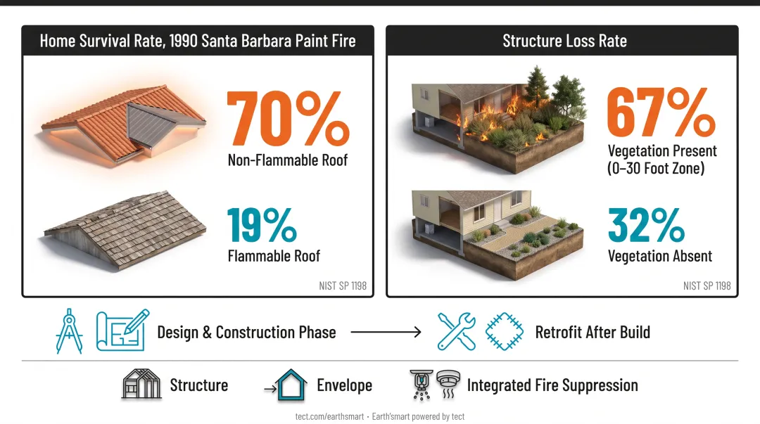 NIST wildfire home survival statistics comparing fire-resistant versus standard construction outcomes