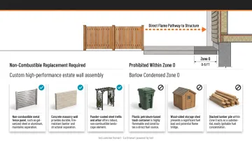 Zone 0 five-foot perimeter compliance checklist covering ground surfaces fencing gutters and vegetation