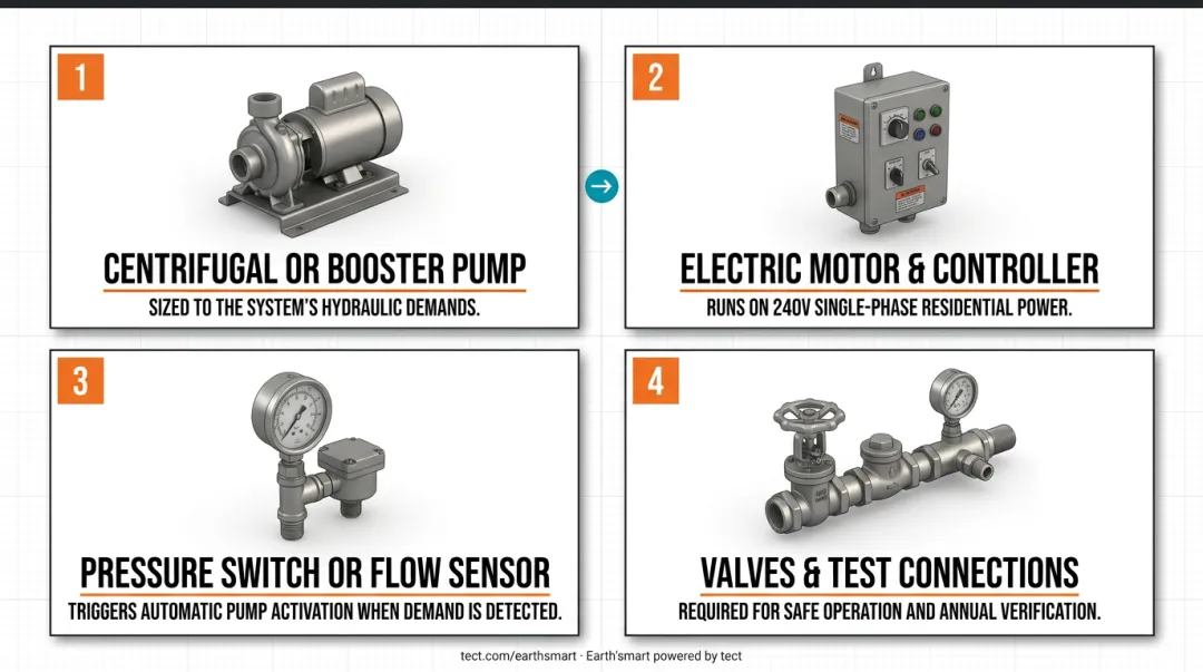 Four core components of residential fire pump system labeled diagram