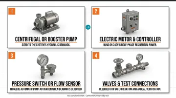 Four core components of residential fire pump system labeled diagram