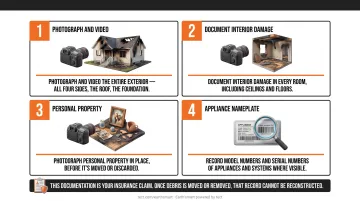 4-step fire damage documentation checklist process flow infographic