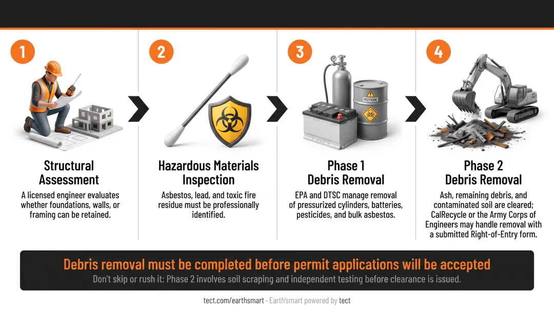4-phase post-fire debris removal sequence from structural assessment to site clearance