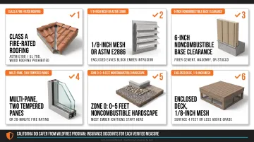 WUI wildfire-resistant home construction zones and fire-rated material requirements diagram