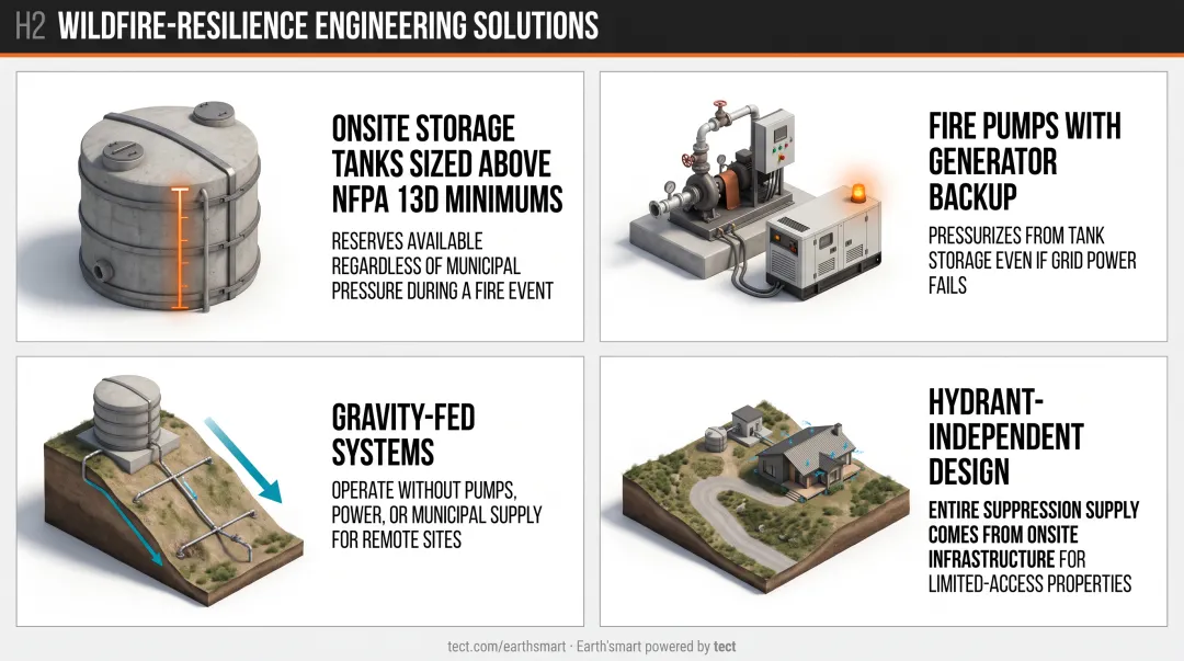 Four WUI home fire sprinkler water supply strategies beyond code minimums infographic