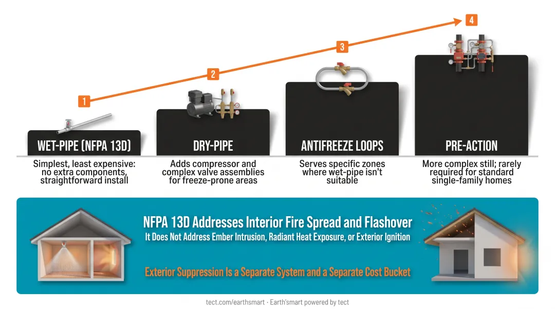 Four home fire suppression system types comparison from wet-pipe to pre-action