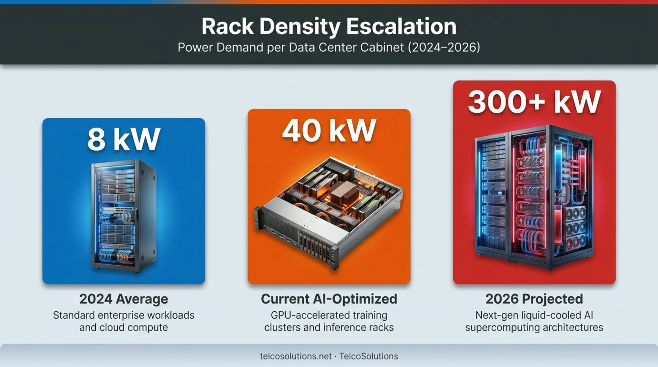 Rack power density growth from 8kW average to 300kW AI systems