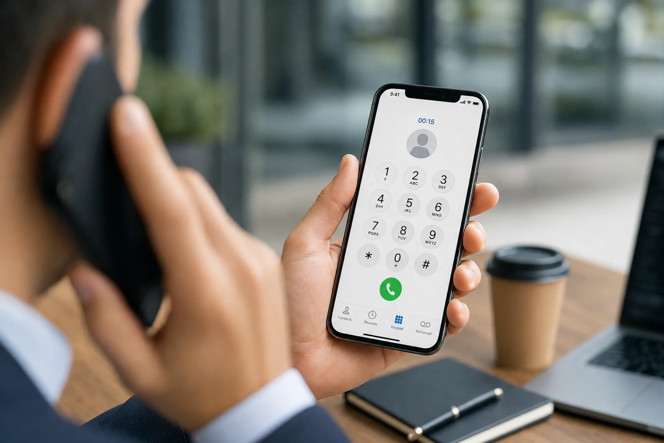 Business professional using VoIP mobile app for calls