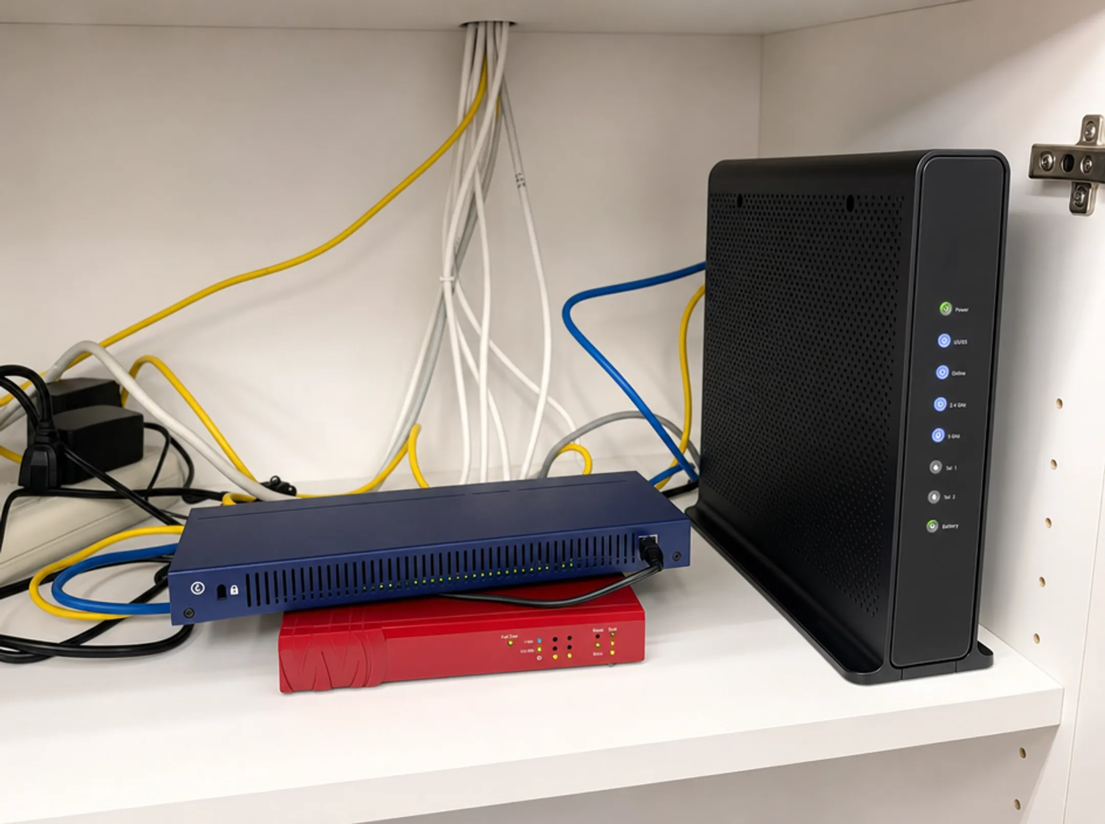 Business office network router with cable modem equipment setup