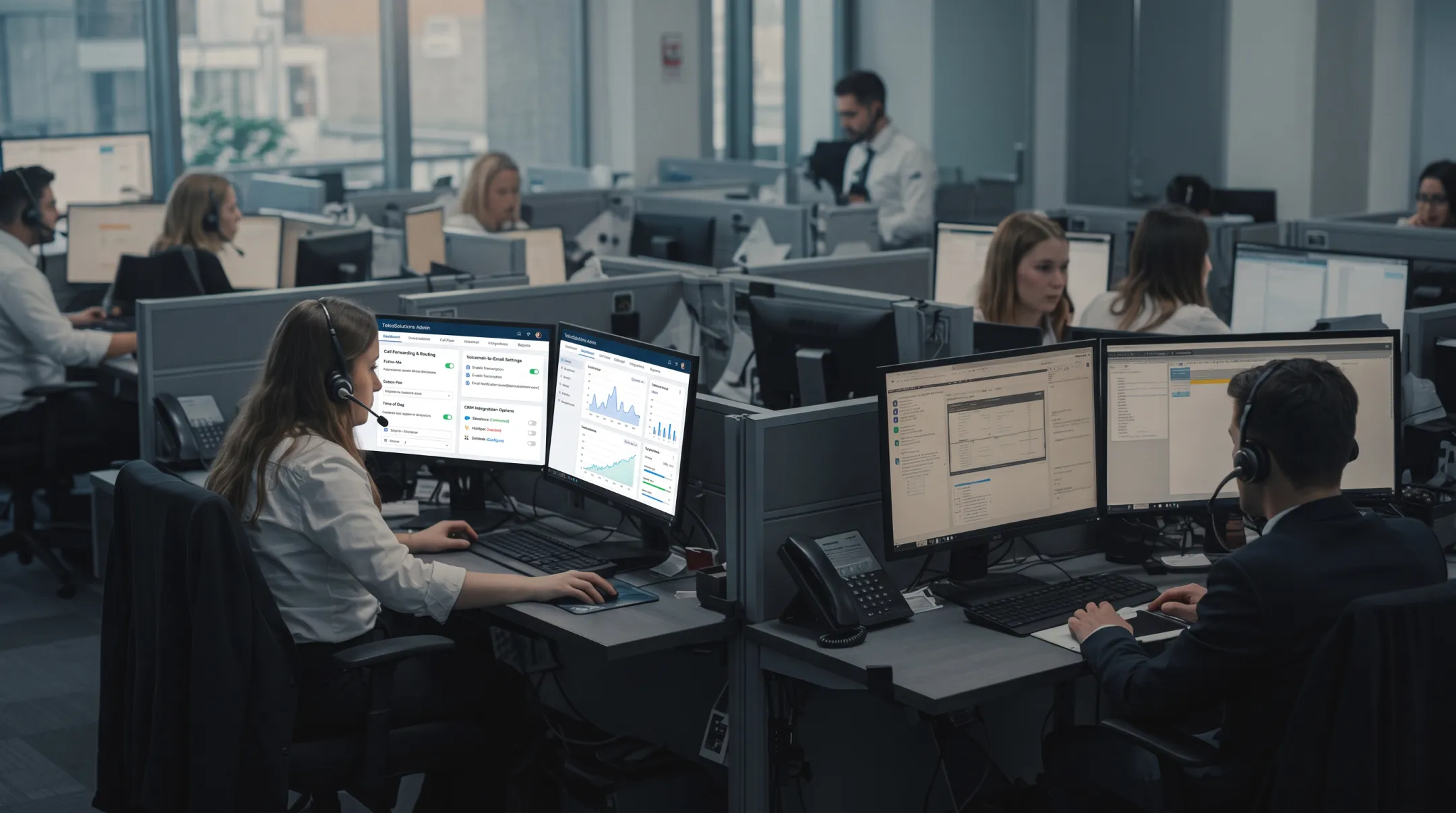 TelcoSolutions admin dashboard showing call routing and telecom management tools