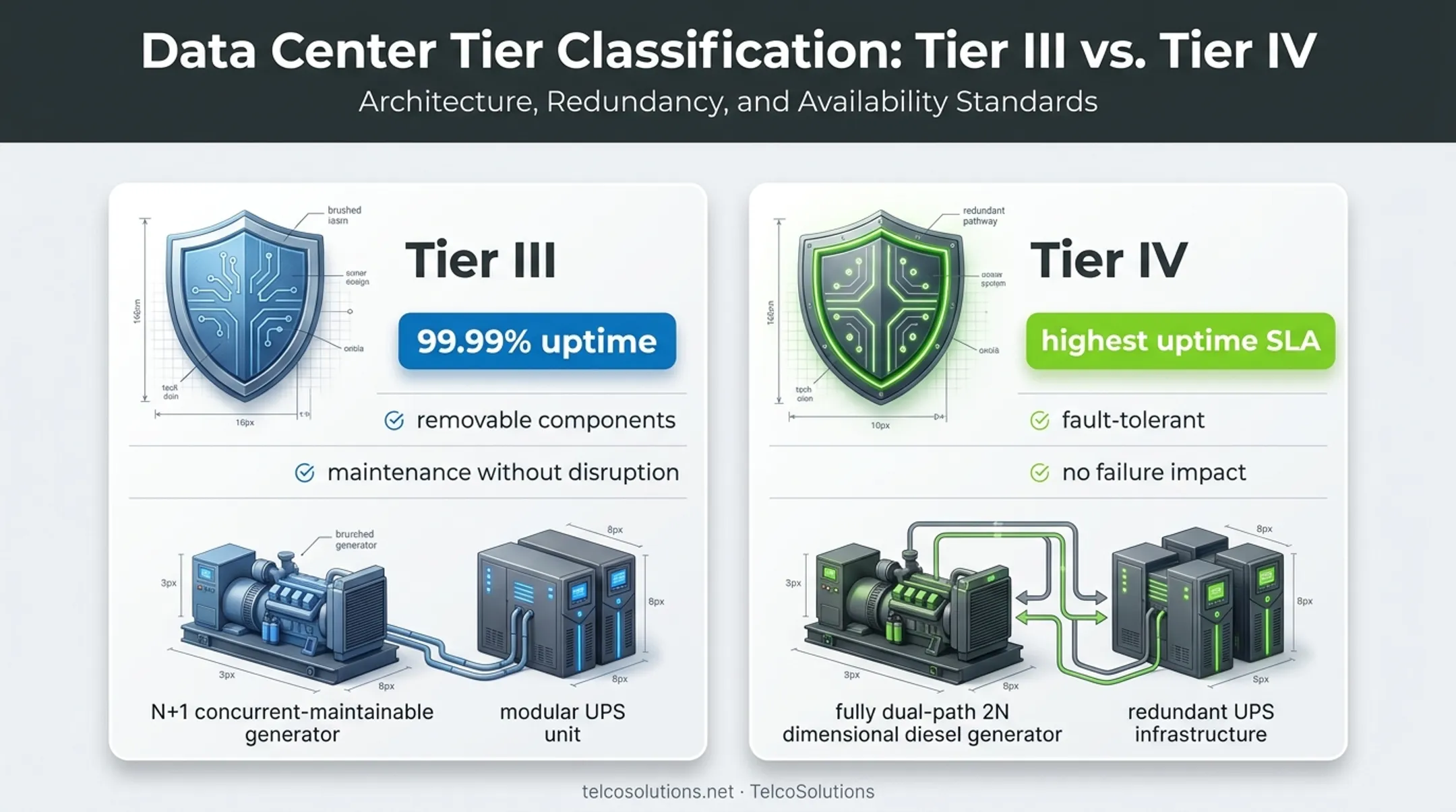 Tier III versus Tier IV data center reliability and uptime comparison
