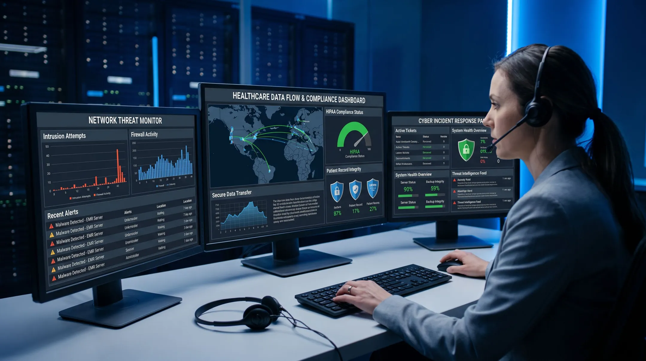 Cybersecurity operations center monitoring network threats and backup systems