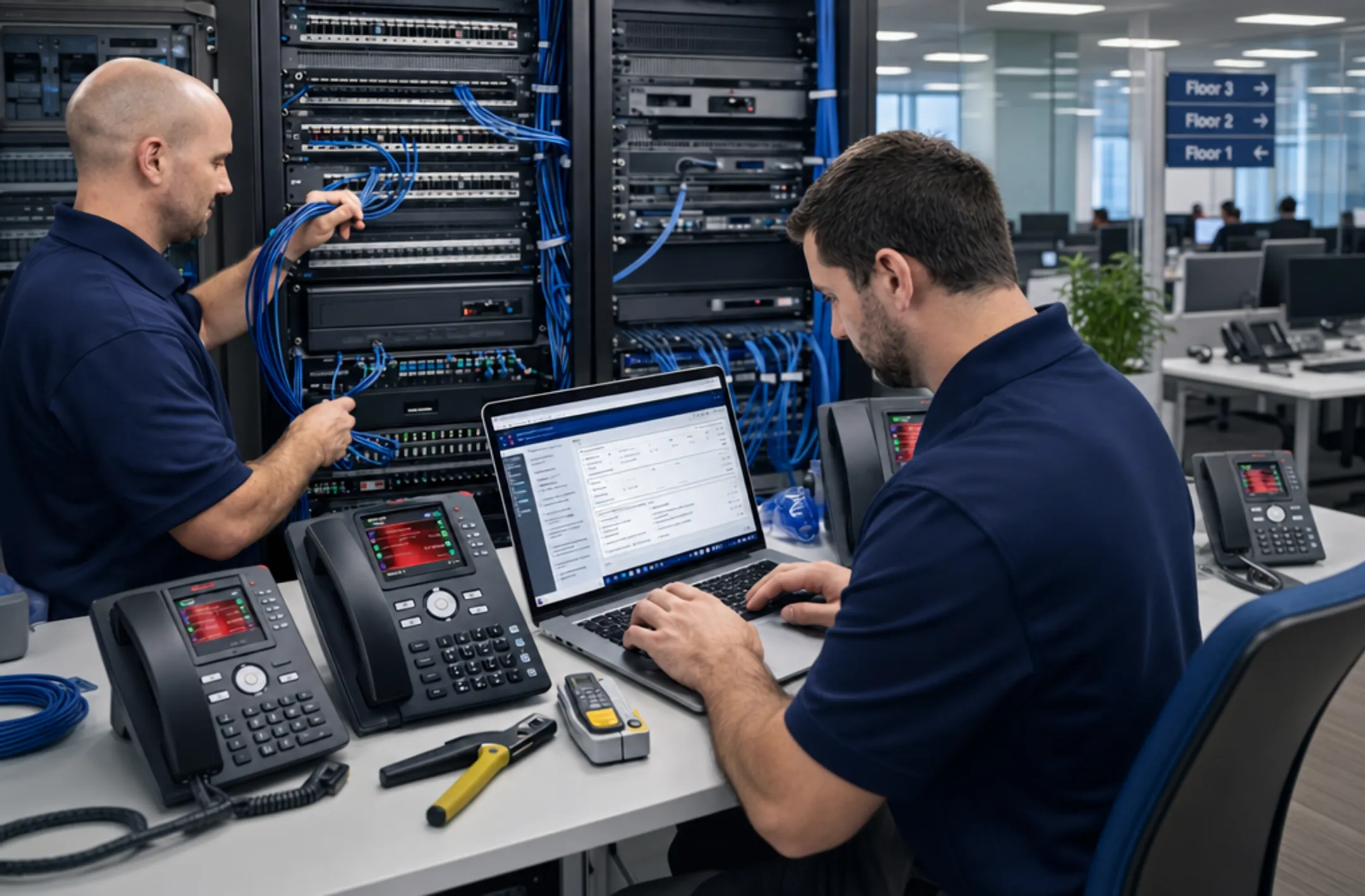 Large enterprise office building with IP telephony deployment in progress