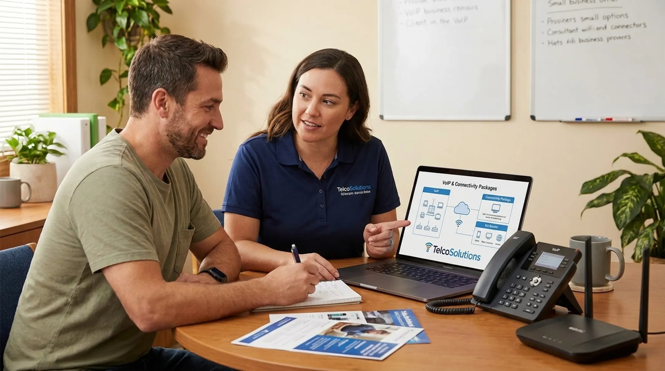 TelcoSolutions consultant reviewing carrier options with small business client