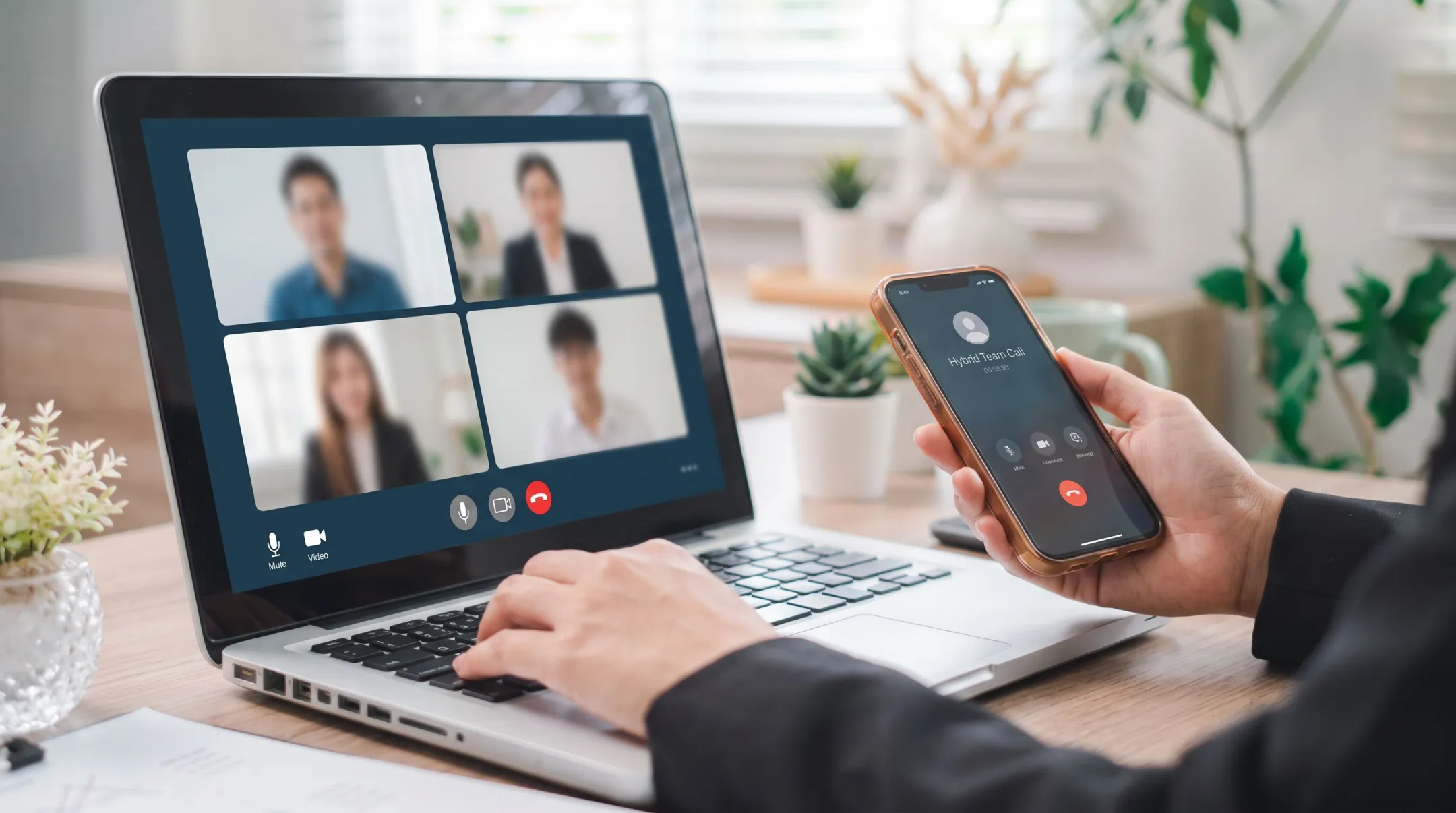 Business professional using Zoom Phone on laptop and mobile device