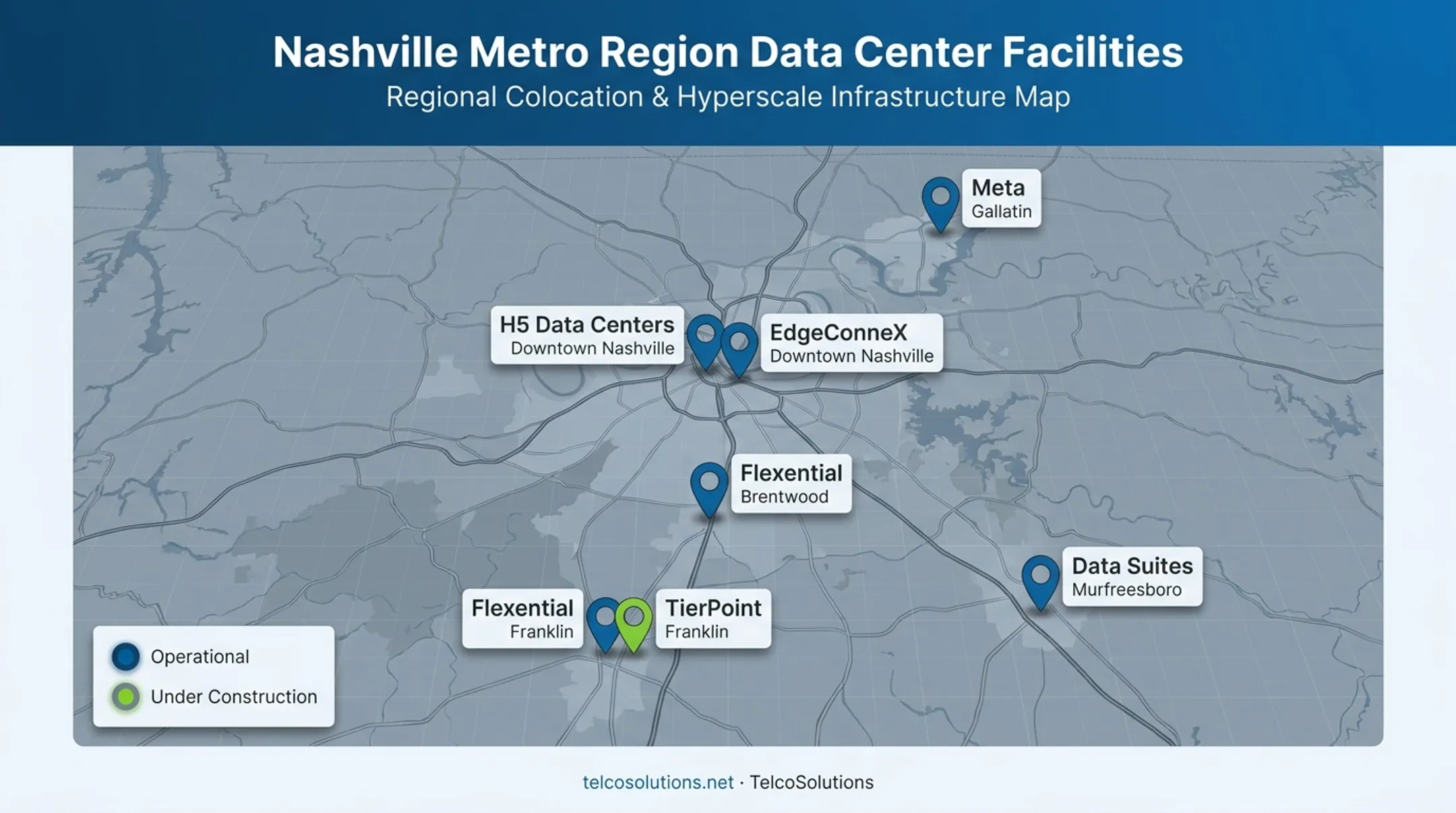 Map of Nashville metro area data center facility locations and operators