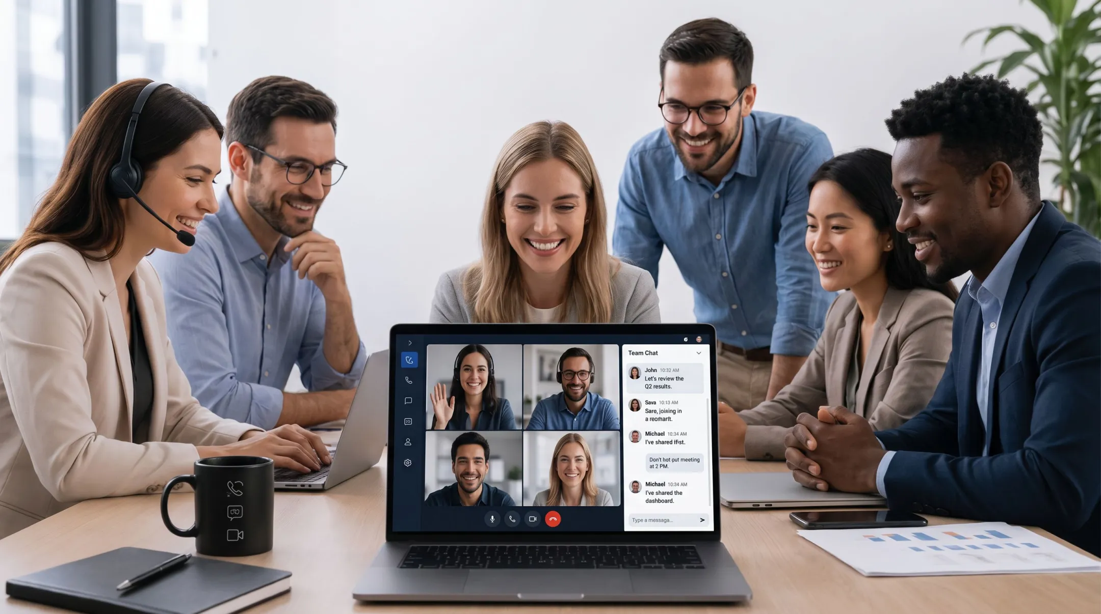 Business team using unified communications platform for video and chat