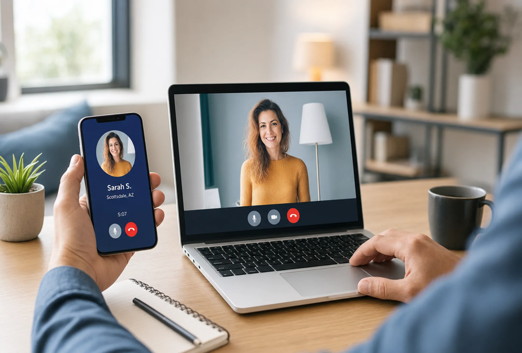 Business professional using VoIP phone app on laptop and mobile device