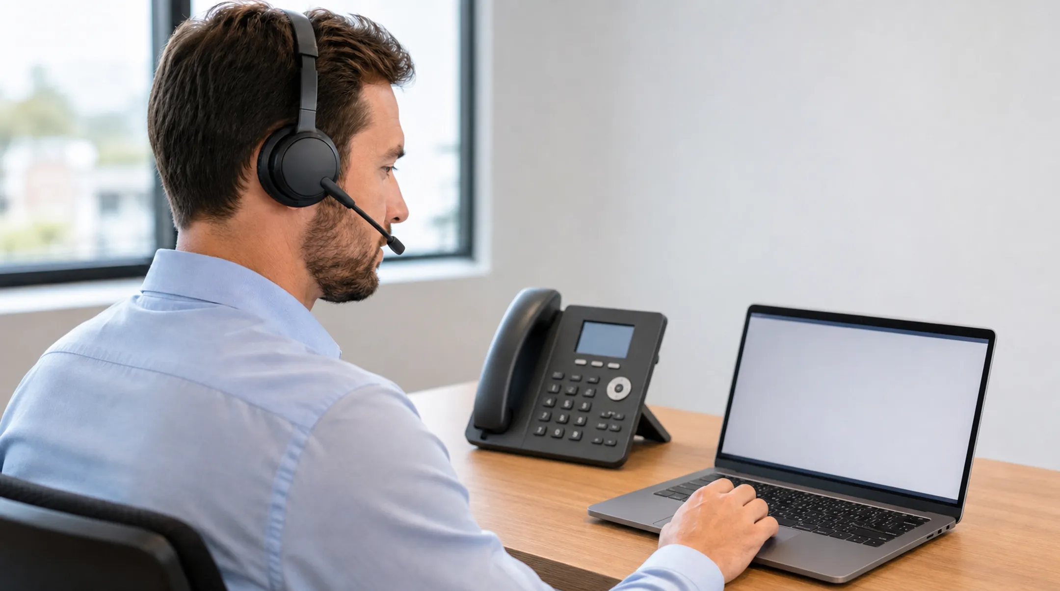 Small business office desk phone setup with VoIP handset