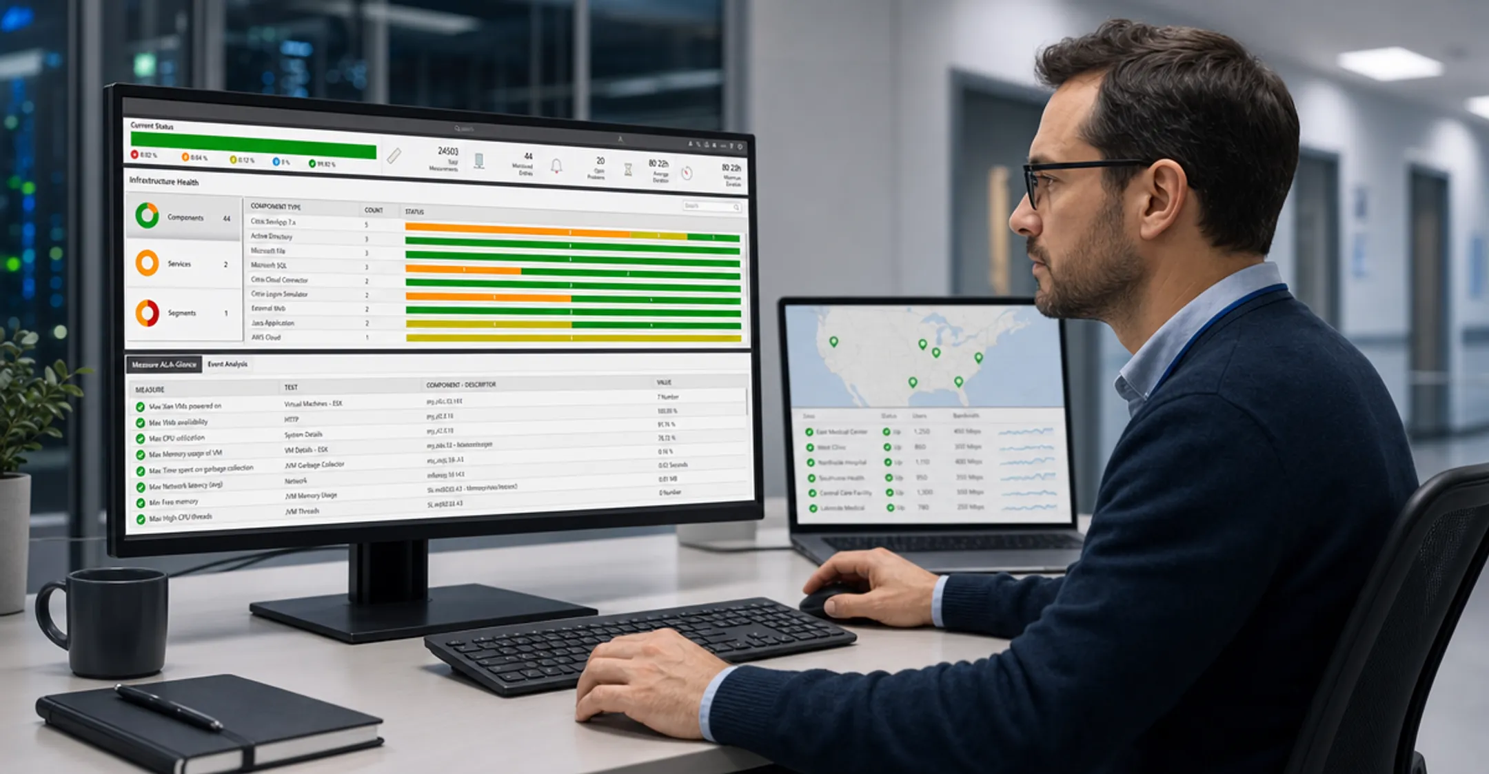 Hospital network administrator monitoring multi-site connectivity infrastructure dashboard