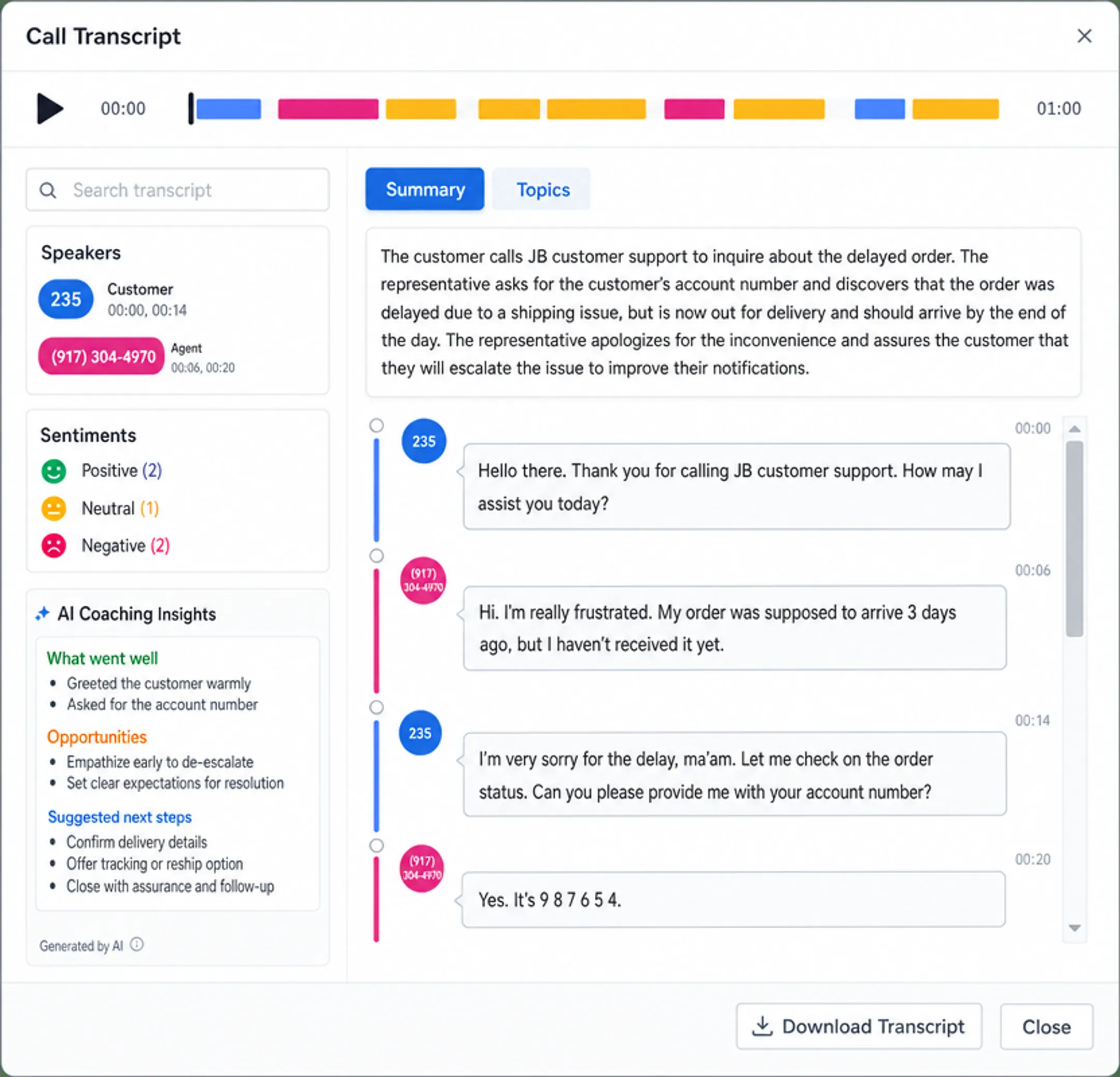 AI-powered call transcription software interface showing real-time analysis