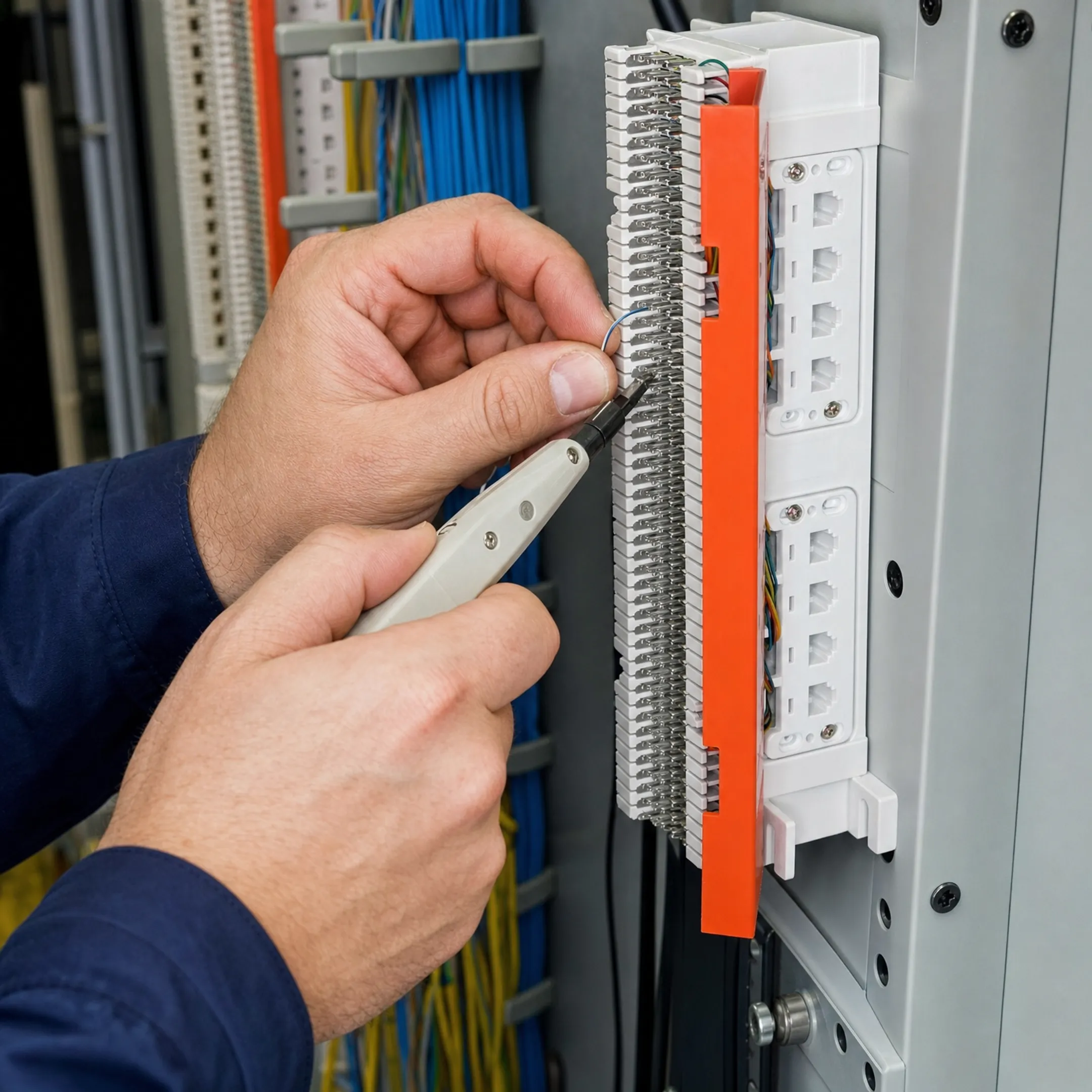 Technician installing copper T1 line infrastructure at central office