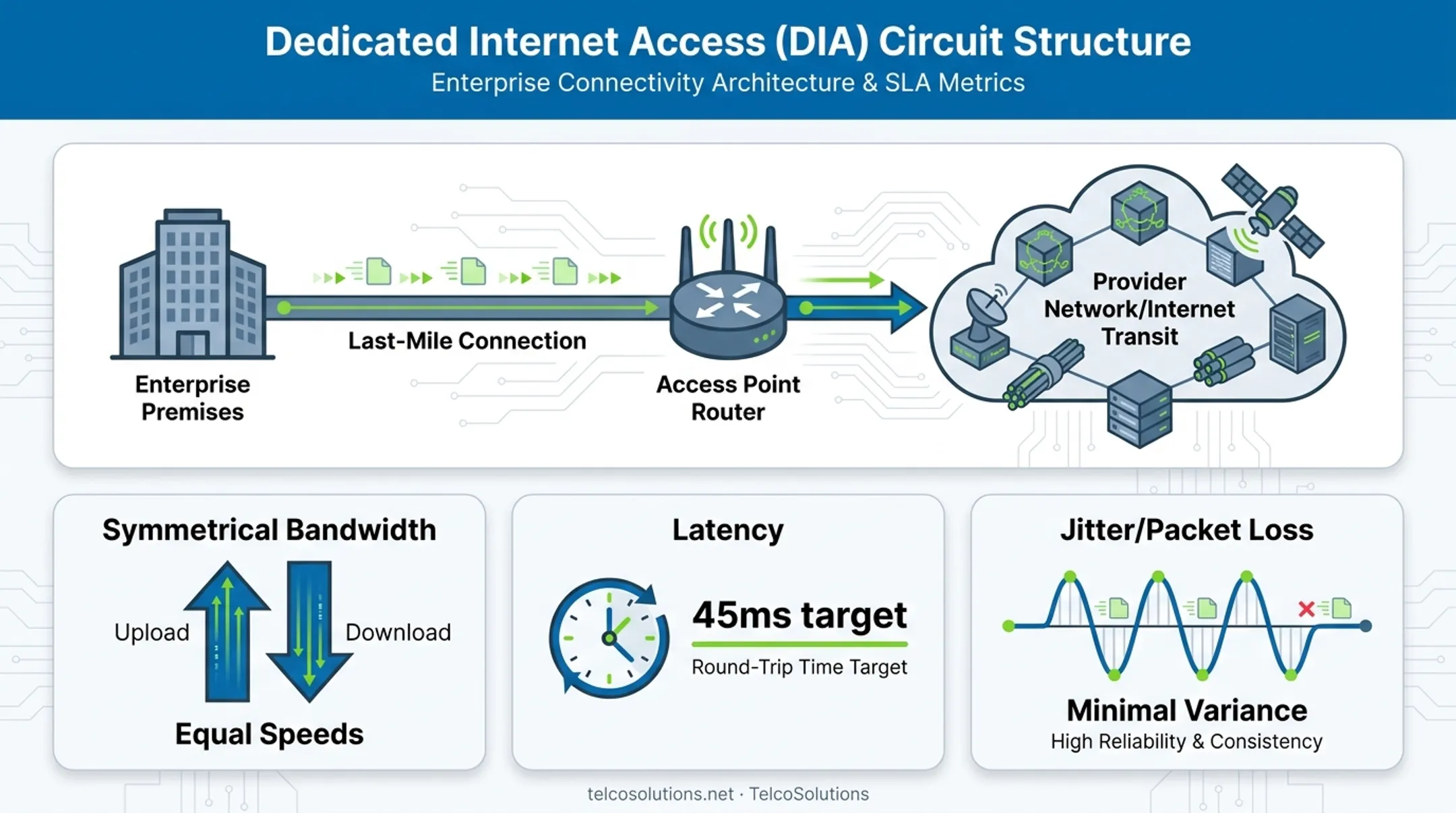 DIA circuit anatomy showing last-mile connection and network metrics