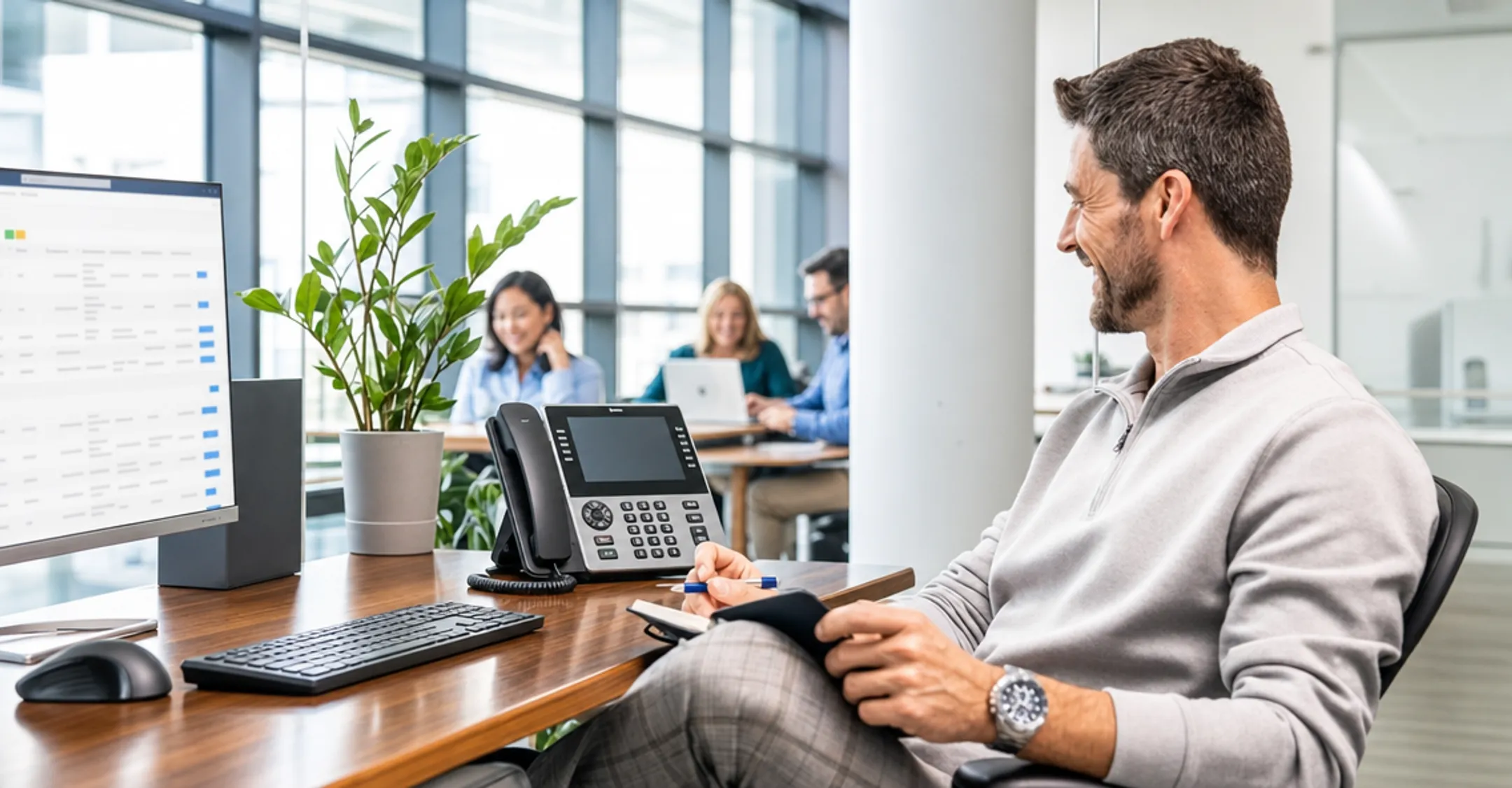 Business communications company office using fiber-connected VoIP phone systems