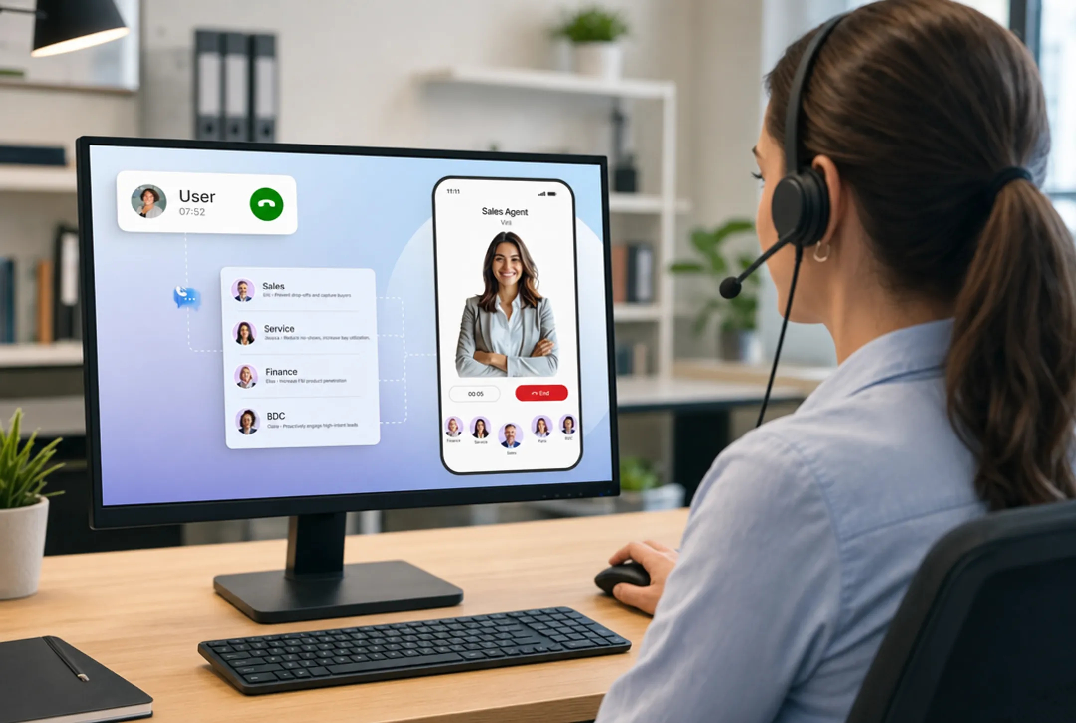 Business professional managing multi-level phone menu routing on headset
