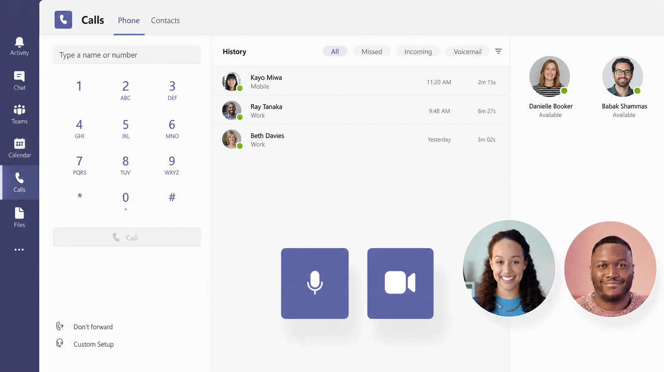 Microsoft Teams Phone interface showing business calling features integration