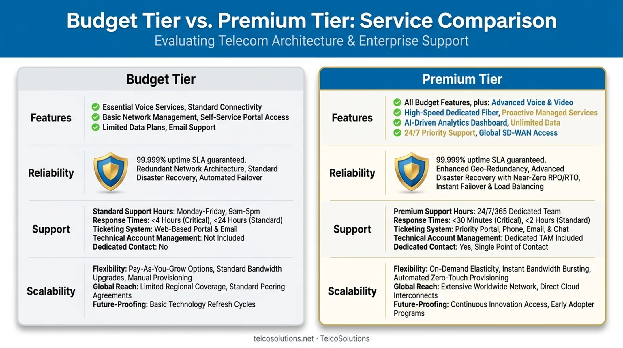 Budget versus premium hosted PBX tier feature and reliability comparison