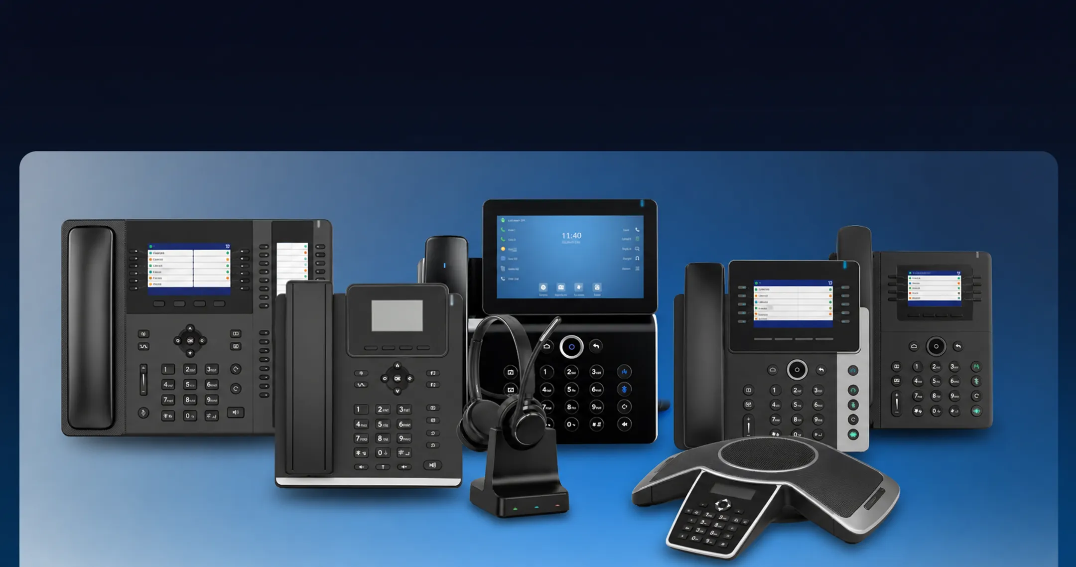 Desk phones headsets and conference phones used in office VoIP setups
