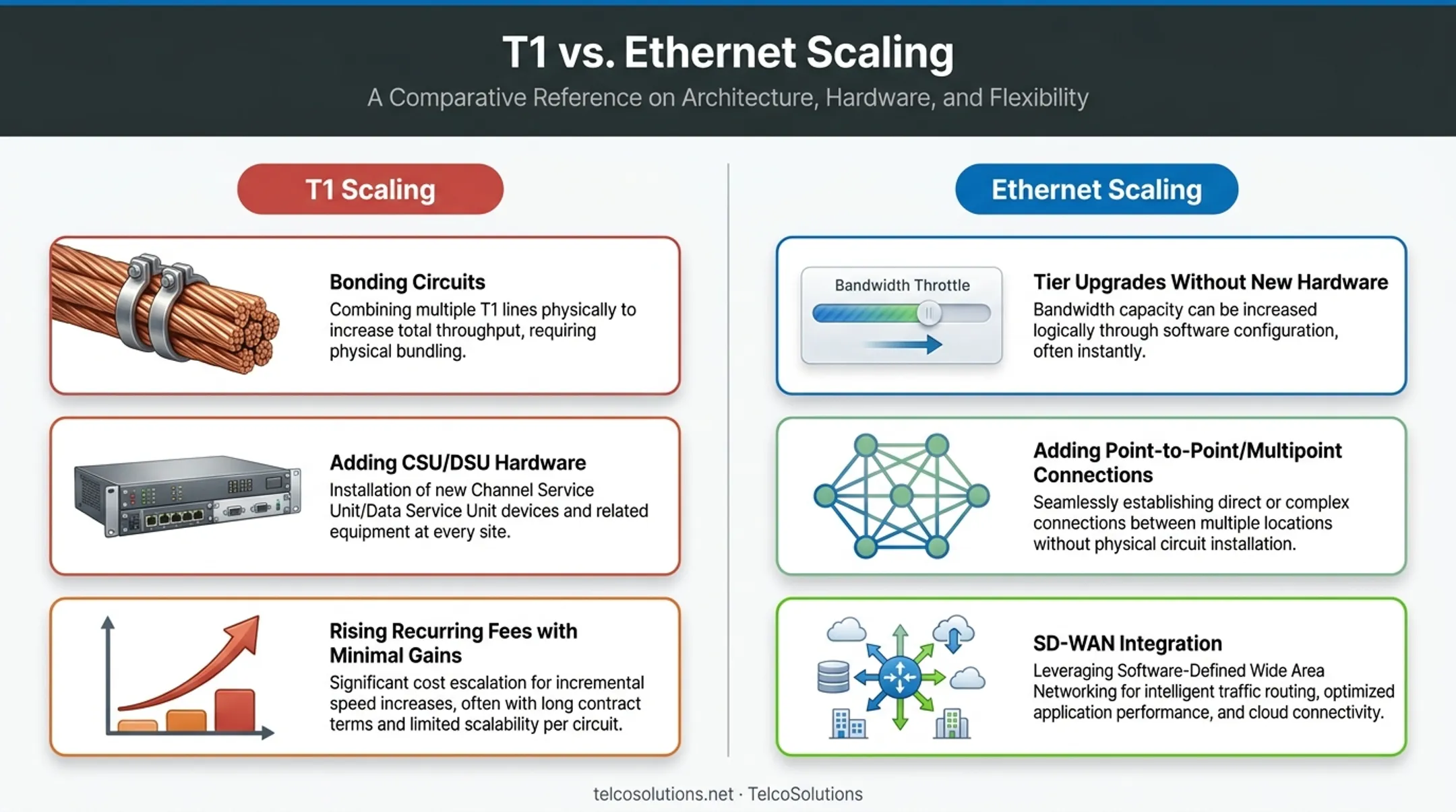 T1 versus Ethernet scalability comparison showing expansion methods and costs