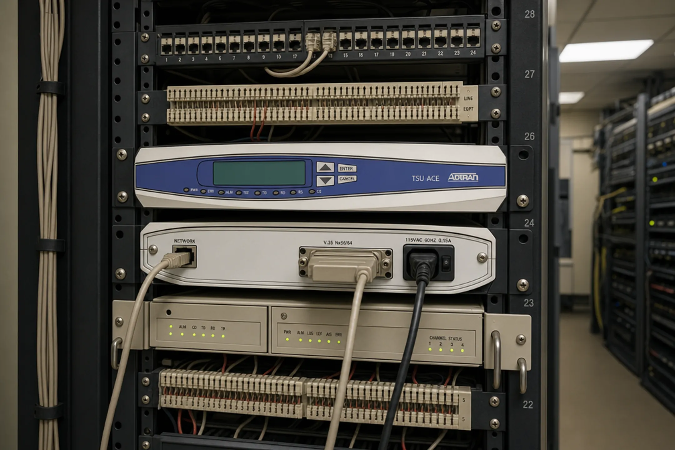 Telecom technician installing CSU DSU equipment for T1 line circuit