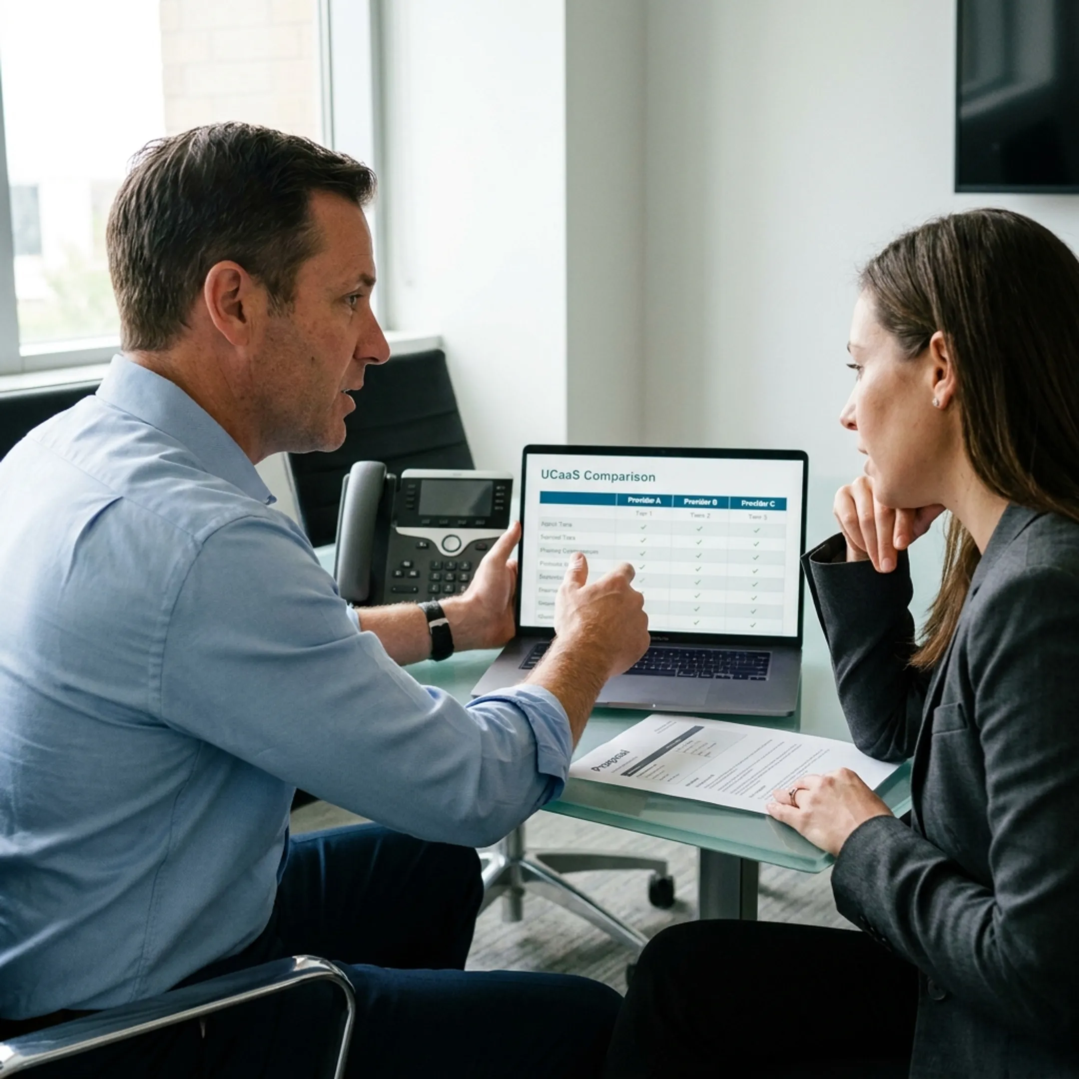 Consultant explaining business phone system pricing to a client