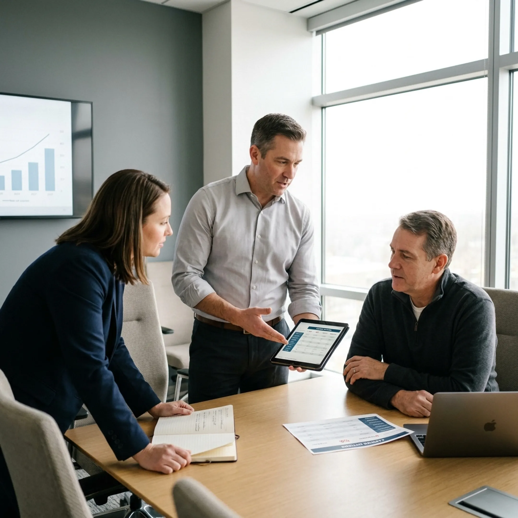 Telecom specialist reviewing a managed services plan with a business client