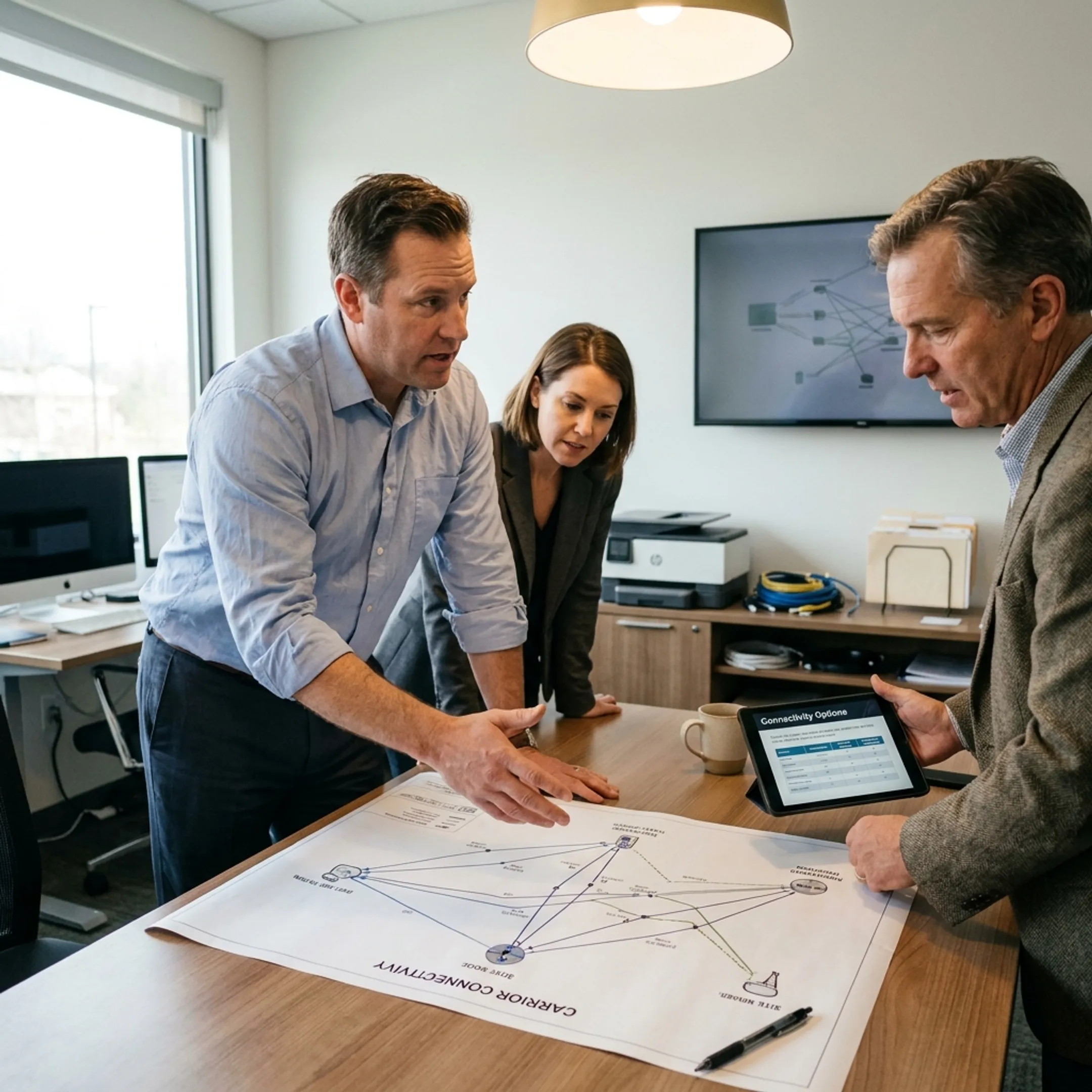 Consultant reviewing office network options with business owners