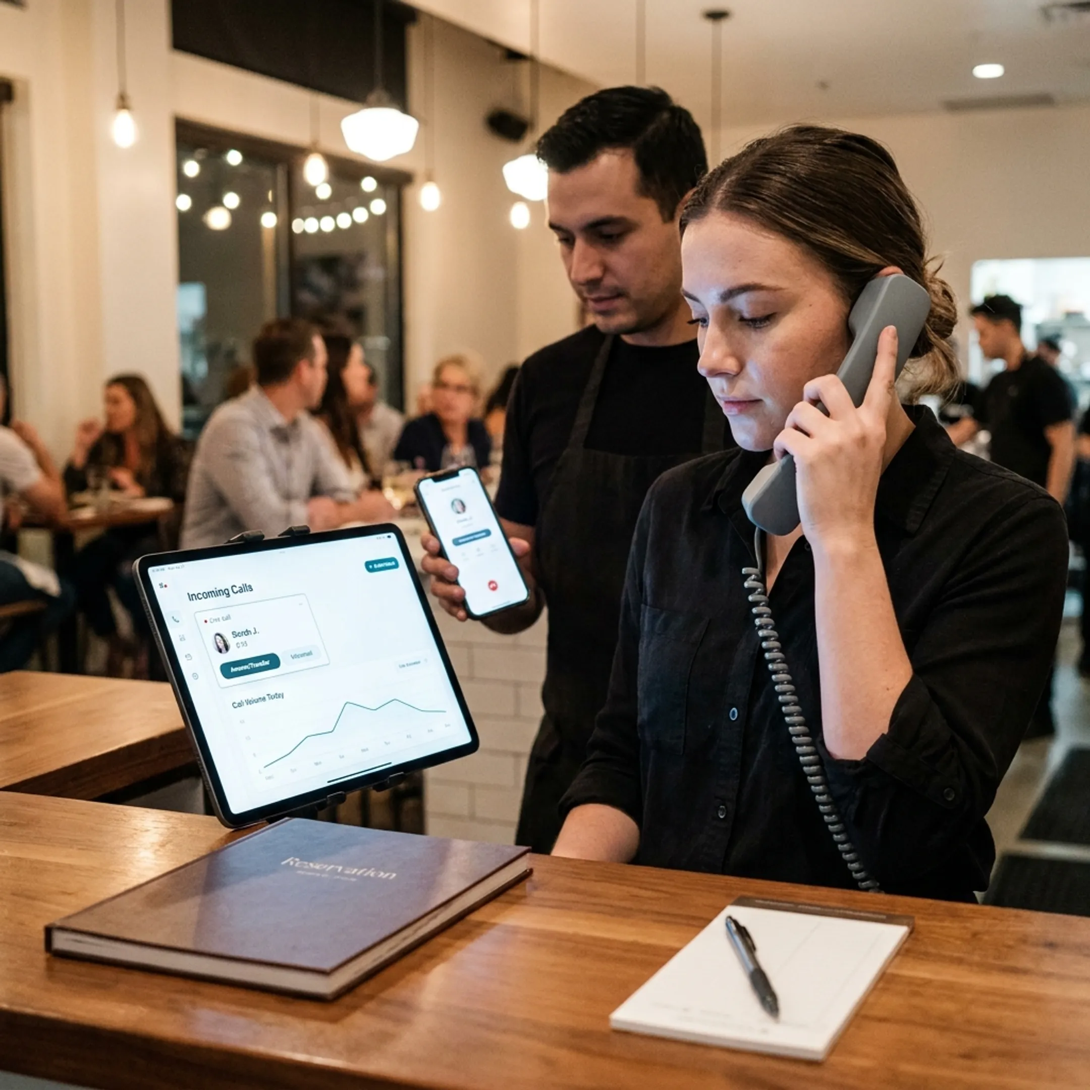 Restaurant team managing calls through a modern communication system