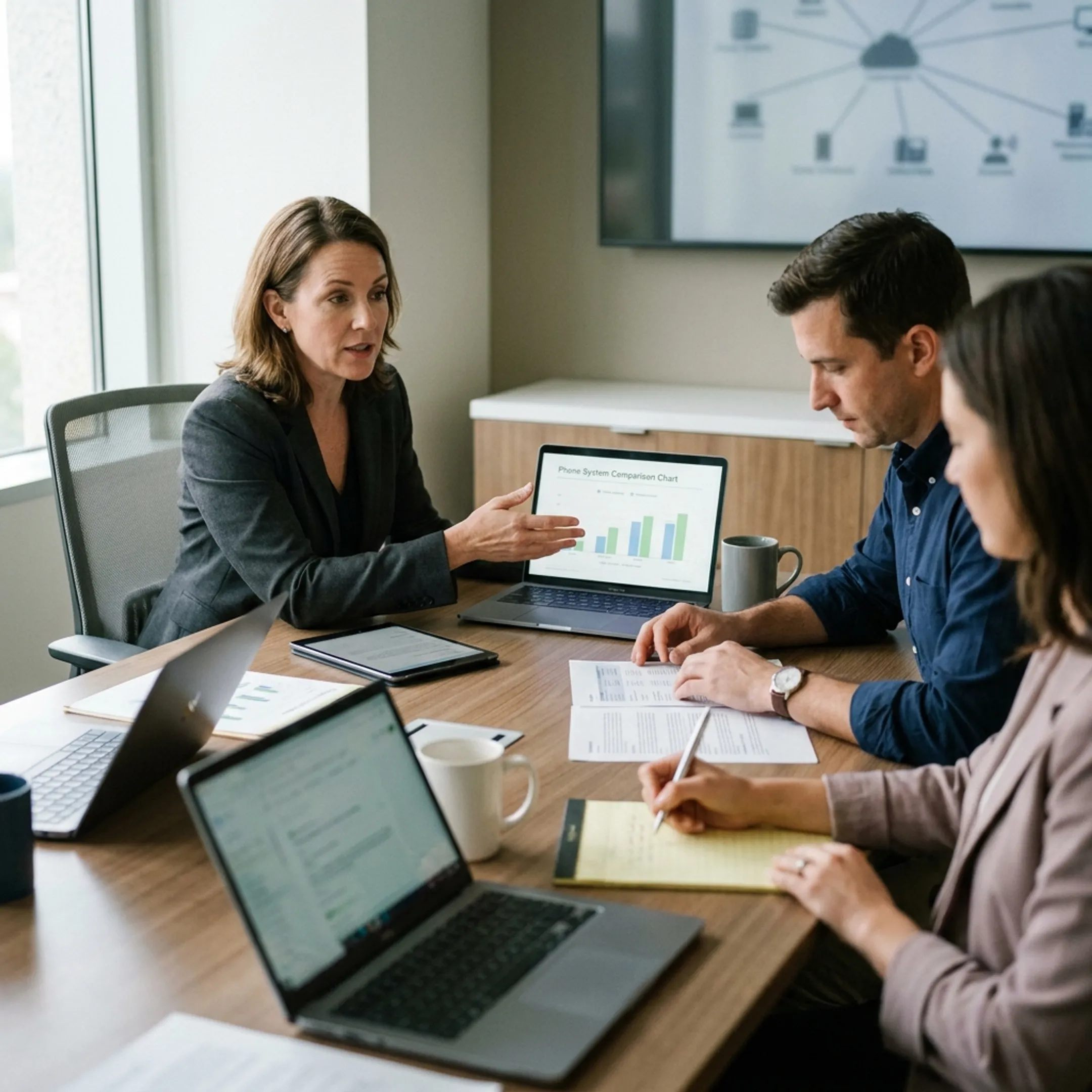 Consultant reviewing business phone system options