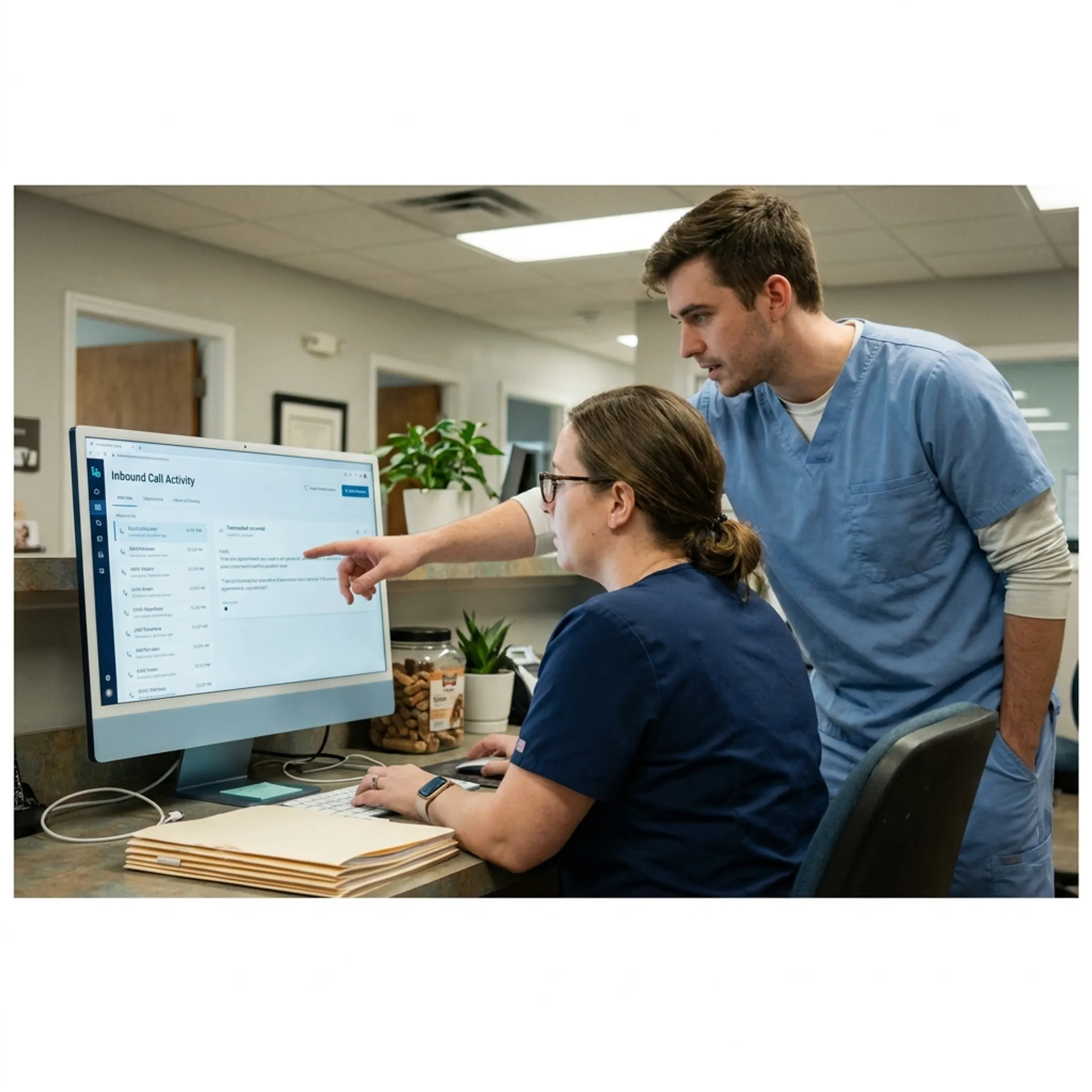 Veterinary staff reviewing AI-routed calls