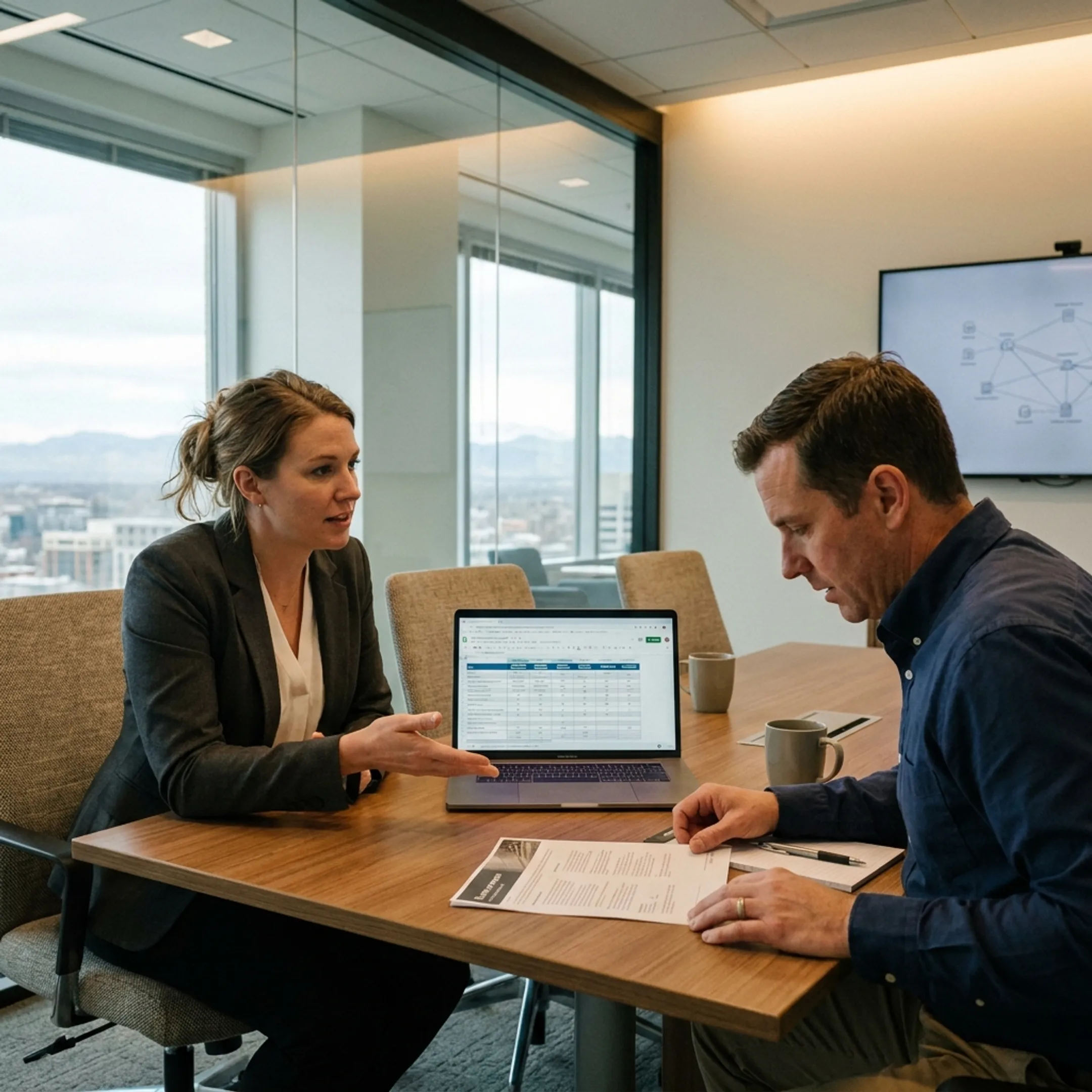 Consultant reviewing business fiber internet options with a client